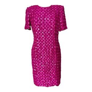 Vtg 80s GUNIT Beaded Sequined Pink Silk Dress Flapper L
